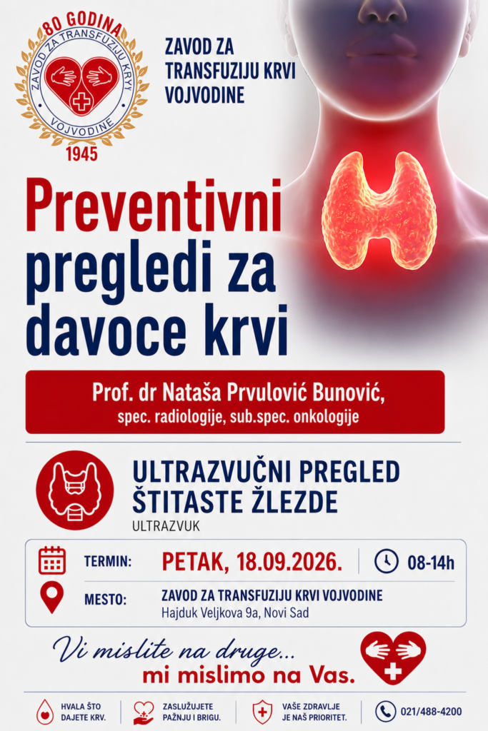 Zavod za transfuziju krvi Vojvodine – Besplatni preventivni pregledi štitaste žlezde za davaoce krvi